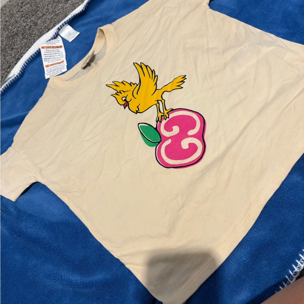 Gucci Cream Tee with Yellow Bird and Pink Apple Graphic